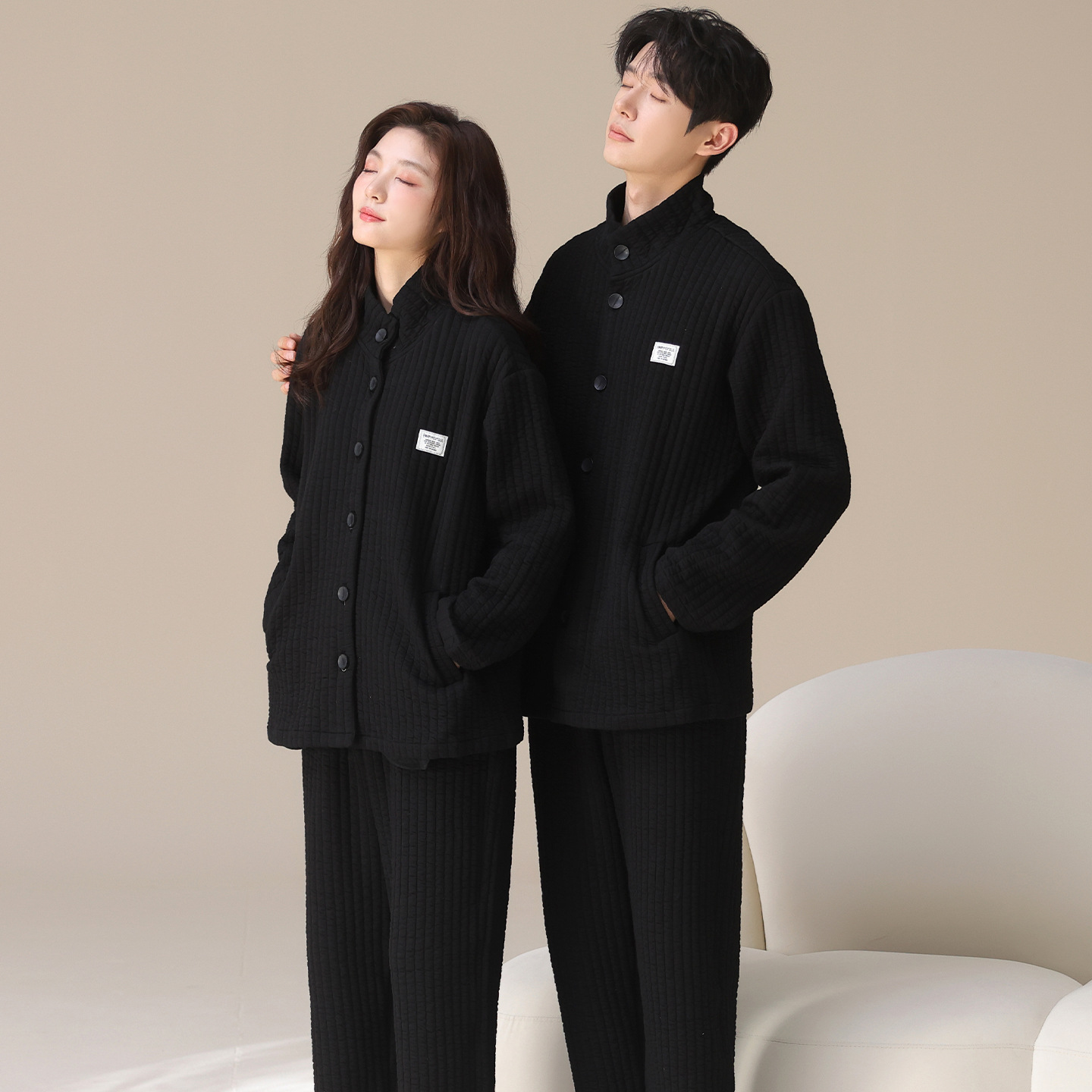 Pure Cotton Laminated Warm Couple Pajamas Autumn and Winter Lapel Cardigan Can Be Worn Outside Air Cotton Thickeneded Can Be Worn Outside Home