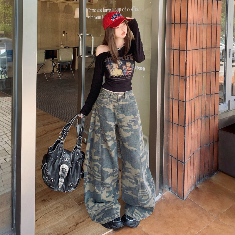 【今茵】美式时尚潮流复古高腰宽松阔腿弯刀裤百搭迷彩牛仔长裤女|undefined