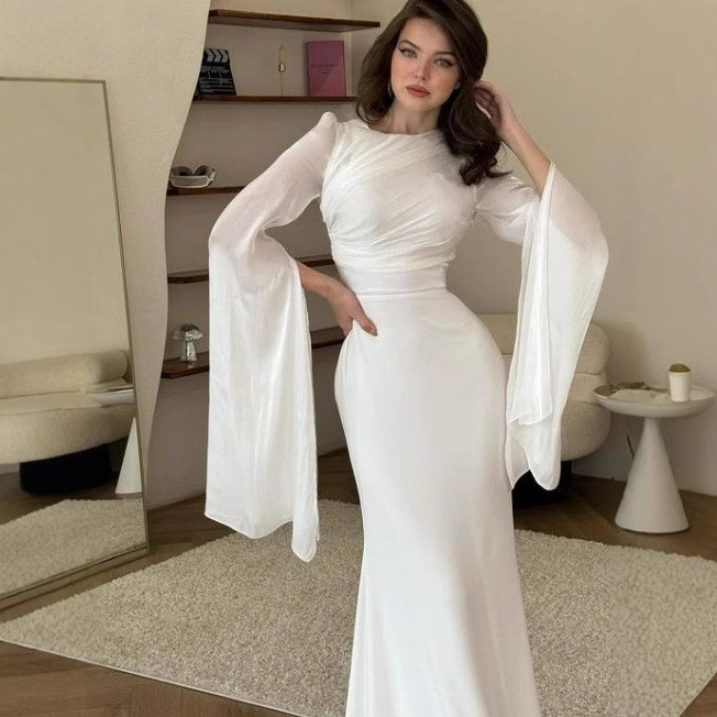 2025 New European And American Cro-Border Trade Women's Clothing Patchwork Chiffon Flared Sleeve Long Elegant Slim_ecoleips.com