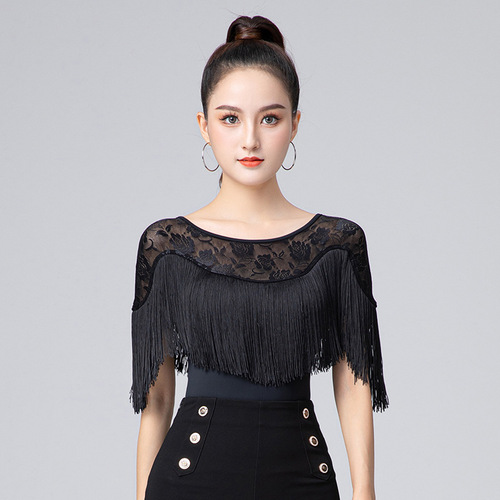 Black Lace fringed Latin Ballroom dancing shirts for woman female teacher training shows the etiquette training modern dance tops for female