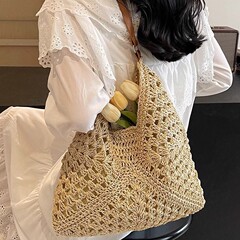 大容量編みバッグ女性2025新型夏海辺休暇草編みバッグ