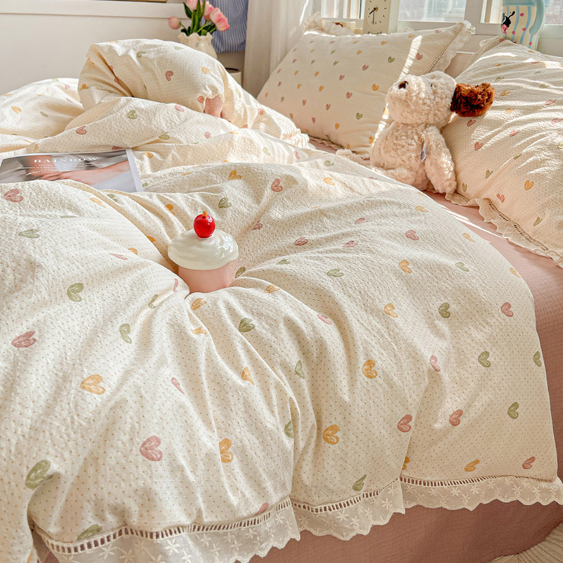 Una sola pieza de colcha de algodón de doble capa de colcha de hilo de flor de viento pastoral, una sola colcha de almohada de corazón de niña, algodón puro, pequeño sueño desnudo fresco