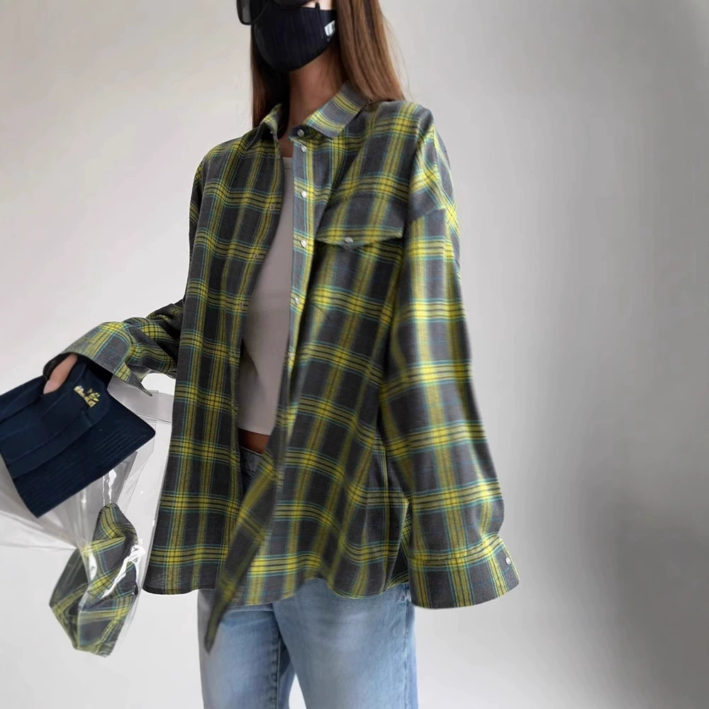 Amazon трансграничный ретро-стиль дикие лацканы свободная рубашка 2024 осень клетка с длинными рукавами карманные женские рубашки