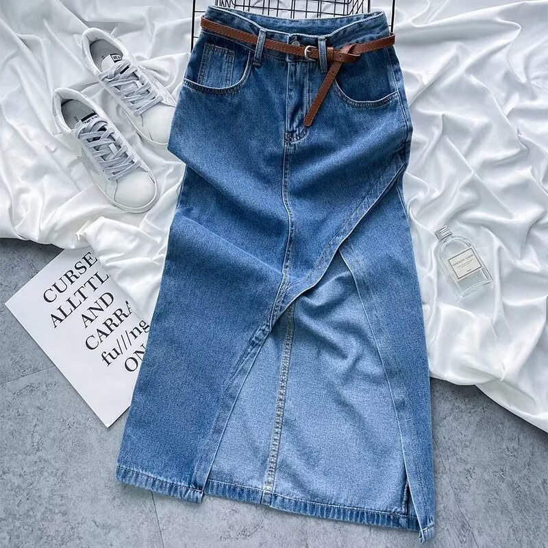 Retro High-Waisted Asymmetrical Slit Denim Skirt for Women 2026 Summer Slimming and Sexy Hip-Hugging Mid-Length Skirt