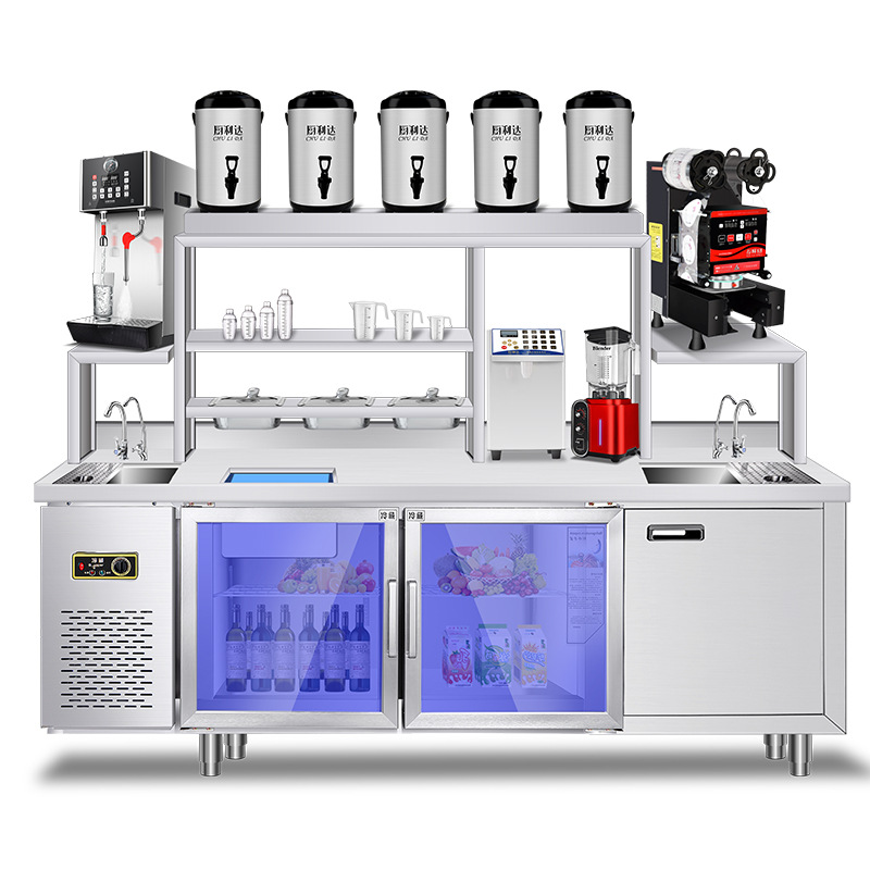 Barra de agua consola de té de leche banco de trabajo de acero inoxidable comercial Gabinete integrado fábrica al por mayor conjunto completo de equipo de tienda de té de leche