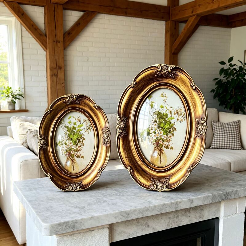European-Style Vintage Oval Carved Photo Frame with Distressed Gold-Plated Resin, Suitable for Tabletop or Wall Hanging, in European and American Country Garden Style European-Style Vintage Oval Carved Photo Frame with Distressed Gold-Plated Resin, Suitable for Tabletop or Wall Hanging, in European and American Country Garden Style