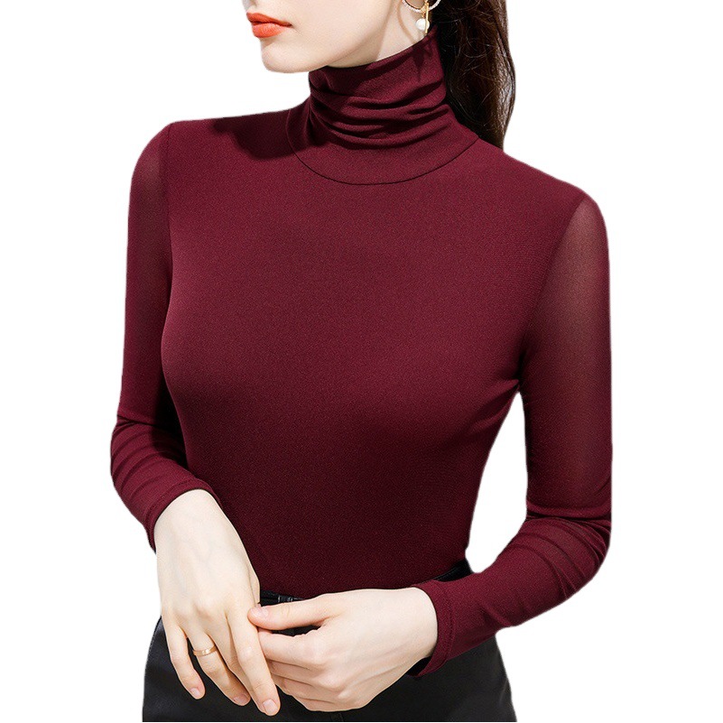 High Collar Mesh Bottoming Shirt for Women 2025 European New Style Foreign Style Inner Layer Fleece-Lined Thickeneded Warm Long-Sleeved Elastic Top
