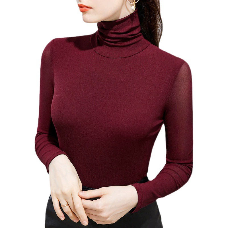 Женская сетчатая рубашка с высоким воротником, новинка 2025, европейский стиль, иностранный стиль, внутренний слой, утолщенный теплый эластичный топ с длинными рукавами на флисовой подкладке