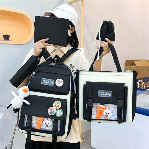 Junior high school student school bag female new Korean version Harajuku style large capacity five-piece set student backpack casual student backpack
