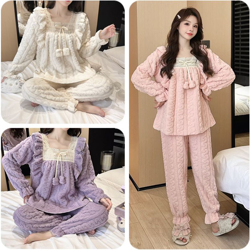 Jacquard de flanel encaje princesa cuello cuadrado pijama de invierno mujer arco cálido conjunto de ropa para el hogar