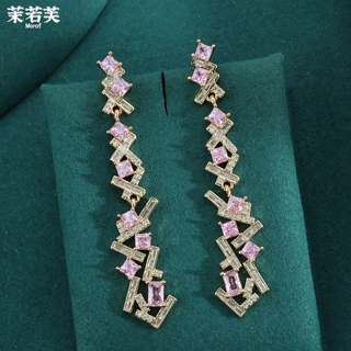 原创S999银针耳钉时尚简约长款不规则锆石流苏耳环女配饰耳饰宴会