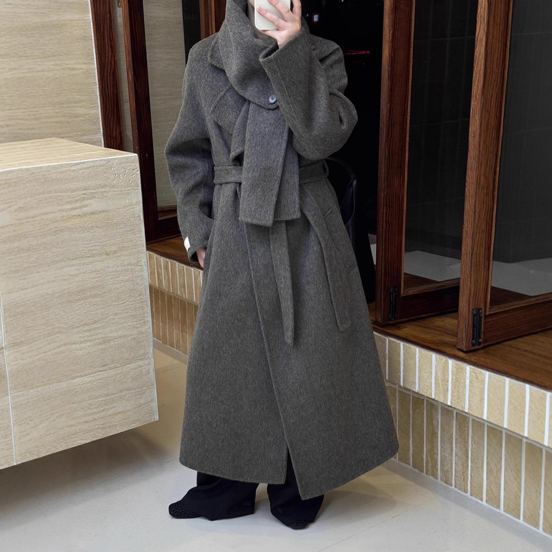 New Double-Sided Wool Coat with Scarf, Long Wide Belt Style, Thickeneded Warm Cashmere Woolen Outwear New Double-Sided Wool Coat with Scarf, Long Wide Belt Style, Thickeneded Warm Cashmere Woolen Outwear