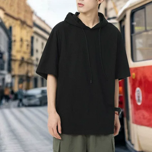 Cross-Border Solid Color Hooded Thin Short-Sleeve Sweatshirt T-Shirt for Men, Summer American Style Trendy Brand, Loose Versatile Sports Cool Feel