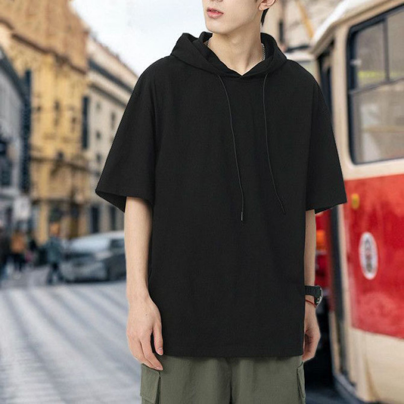 Cross-Border Solid Color Hooded Thin Short-Sleeve Sweatshirt T-Shirt for Men, Summer American Style Trendy Brand, Loose Versatile Sports Cool Feel Cross-Border Solid Color Hooded Thin Short-Sleeve Sweatshirt T-Shirt for Men, Summer American Style Trendy Brand, Loose Versatile Sports Cool Feel