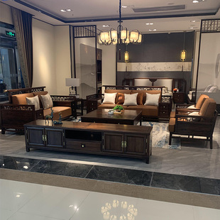 New Chinese Style Sofa Living Room Solid Wood Modern Zen Walnut Color Model House Villa Chinese Style Sofa Furniture