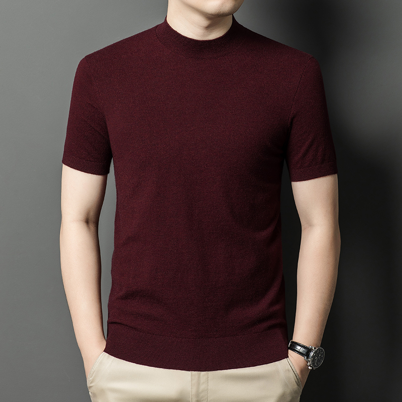 Ordos 100% cachemira pura, hombre de manga corta, suéter de lana de punto de cuello medio alto, suéter de manga media gruesa