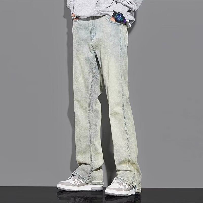 2024 Spring and Autumn New High Street Yellow Clay Scale Pantalones de trapeador de mezclilla elástica lavados de gran tamaño para hombres