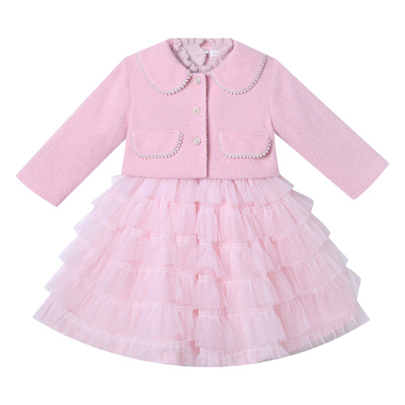 Suéter de las niñas vestido de otoño e invierno Bebé estilo occidental estilo de Chanel tocando fondo de punto de lana forrada princesa mullido hilado pastel falda