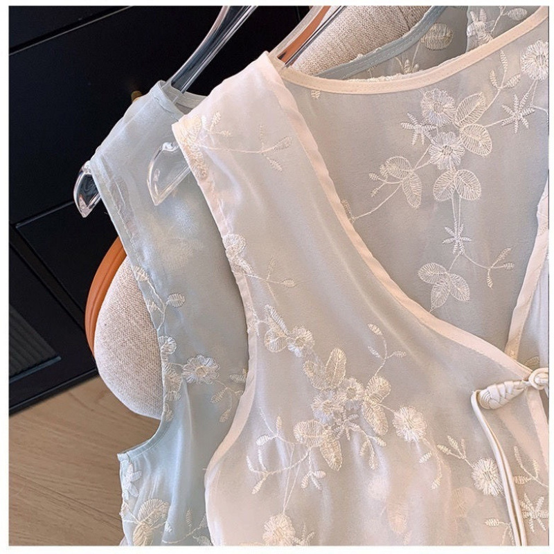中国刺繍ベストレトロシフォン 2025 ボタン夏国民風ノースリーブ新しいベストトップ肉をカバー|undefined