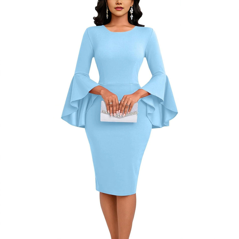 Women's Church Dress with Pleated Sleeves, Cocktail Party Fitted Mid-Length Pencil Skirt, Ladies' Cocktail Dress