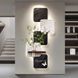 奶油风黑白创意玄关装饰画水培绿植灯光画客厅挂画入户正对门壁画