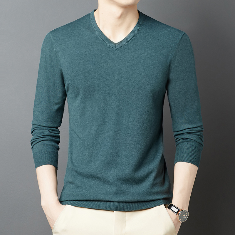Thirty Autumn Middle-Aged Men's Light and Mature Casual V Neck Long-Sleeved Basic Pure Color Bottoming Shirt Pullover Knitwear