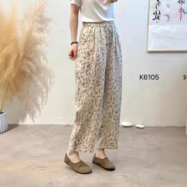 2026夏季新款亚麻休闲裤女休闲豹纹印花松紧腰宽松简约哈伦裤女