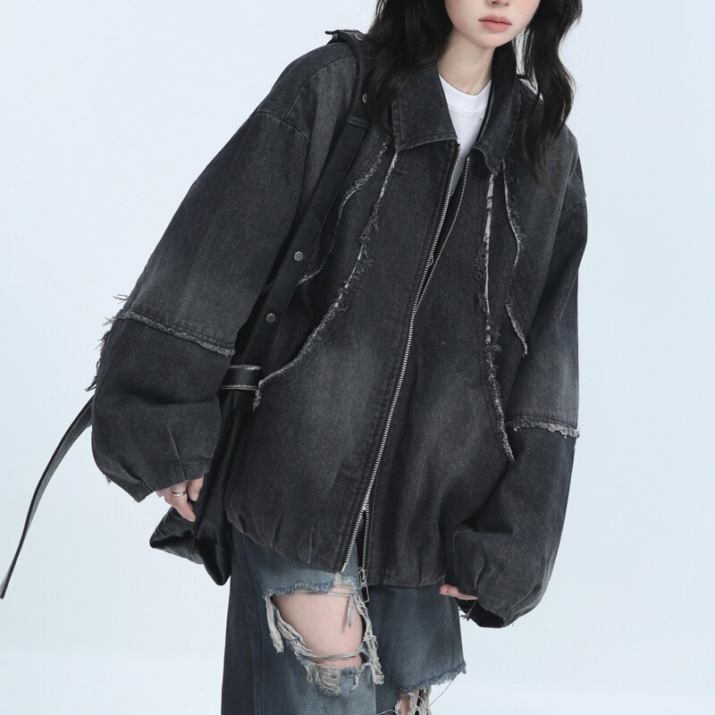 美式复古重工水洗毛边牛仔外套男女秋季新款宽松小众嘻哈潮牌夹克|undefined