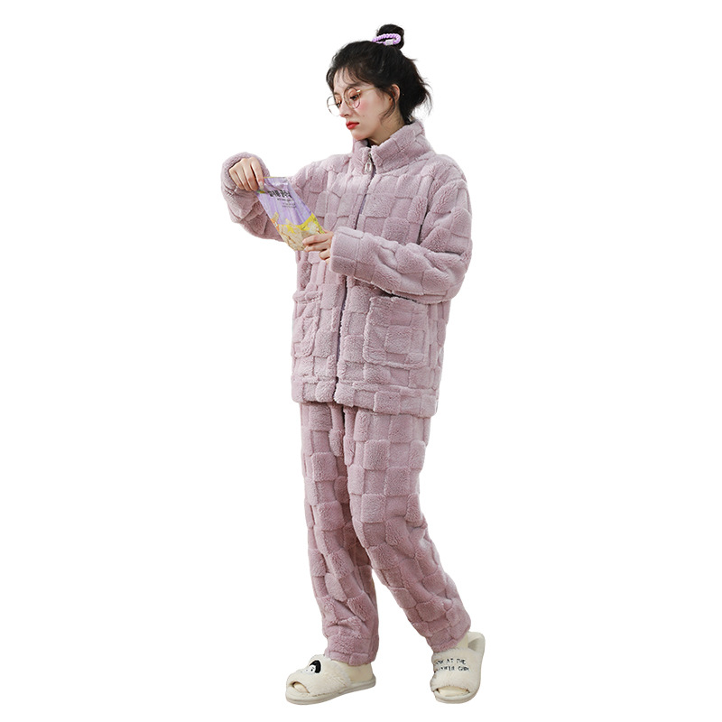 2024 New Couple Home Wear Autumn and Winter Warm and Comfortable Cotton Velvet Long-Sleeved Fleece-Lined Pajamas Set Thickeneded Can Be Approved