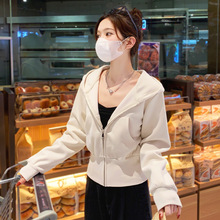 秋季外套女白色连帽卫衣女款小个子正肩收腰早秋漂亮休闲短款上衣