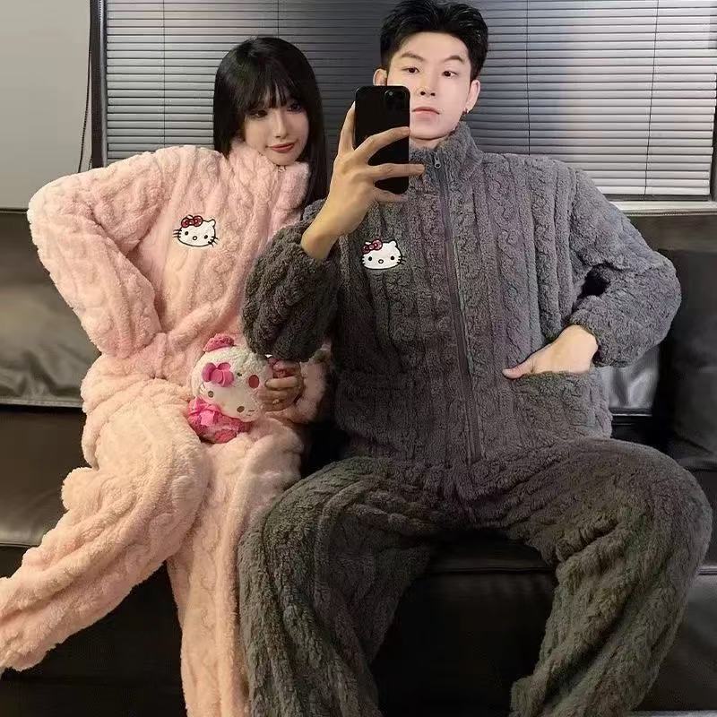 Invierno nuevo pijama de pareja de franela para mujeres lindas dibujos animados dulces ociosos simple color sólido ropa casera set hombre