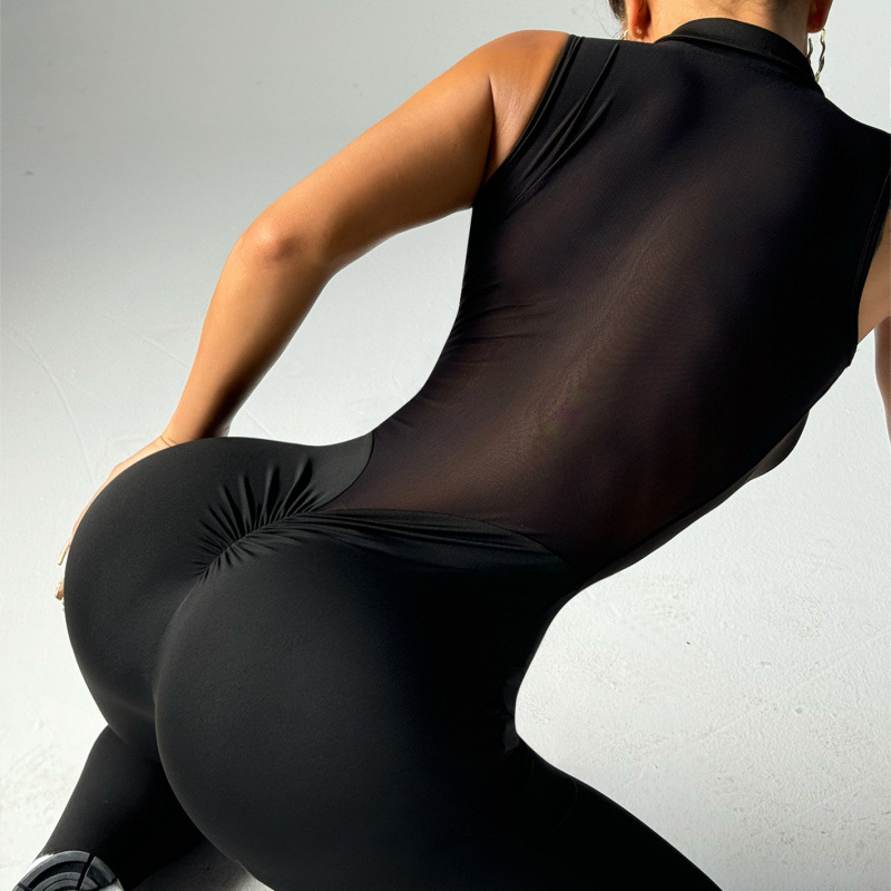 European and American Style Sexy Lace Patchwork Zipper Jumpsuit for Women, Low-Cut Zipper Running Tight-Fitting Butt-Lifting Yoga Outfit
