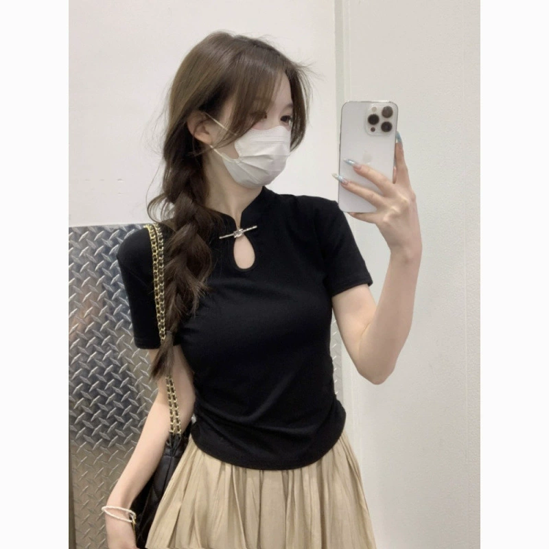 Летний новый дизайн чувство нишевый стройный новый китайский стиль с короткими рукавами горячая девушка футболка черная короткая модель