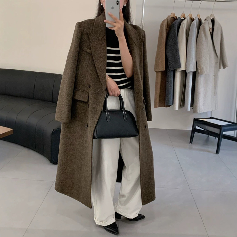 New autumn and winter double-sided wool coat for women, extended length, straight shoulder, high-end Korean-style herringbone wool coat New autumn and winter double-sided wool coat for women, extended length, straight shoulder, high-end Korean-style herringbone wool coat