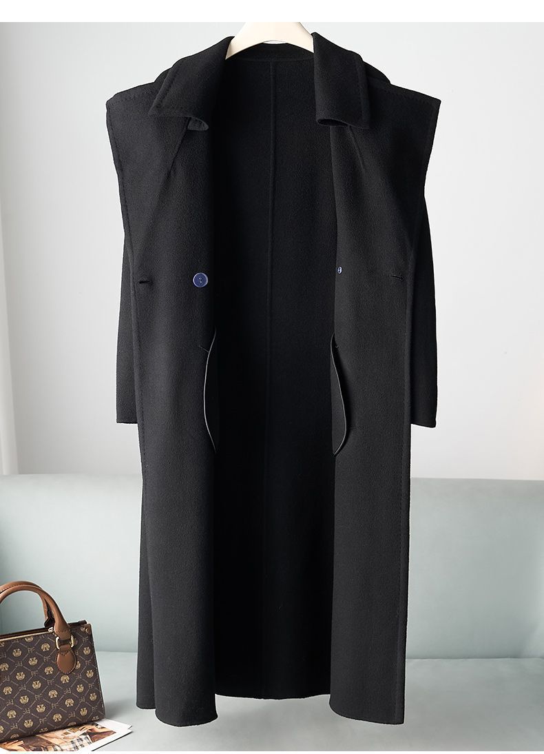 ​Women's Double-Faced Wool Coat With 30% Cashmere, Belted Trench Style, Elegant Long Coat For Autumn Winter, Pure Color, Office & Casual Wear​_voghion.com