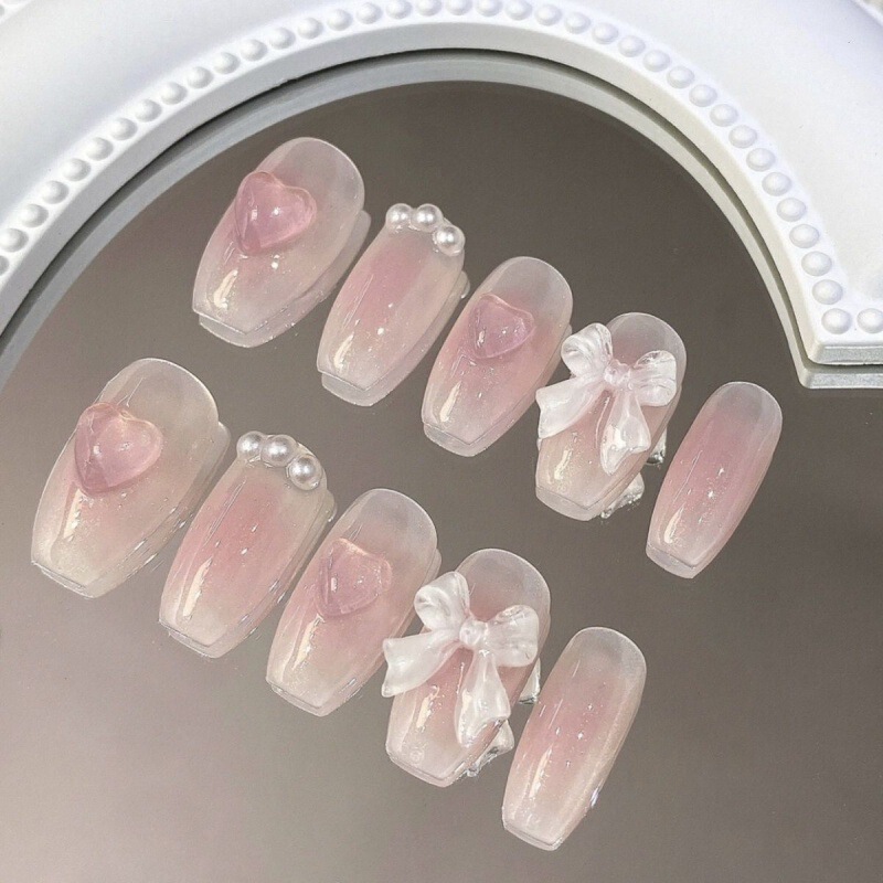 Handmade Wearable Nails for Energetic Girls and Students, Short Blush Bow Nail Art Patches, Removable Pure Desire