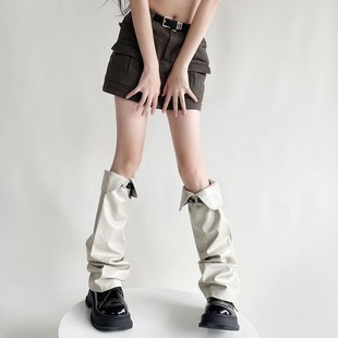 Off-White Stylish Small Lapel Pu Leather Leg Warmers Y2K Extended Sweet Lace-Up Subculture Spicy Girl Biker