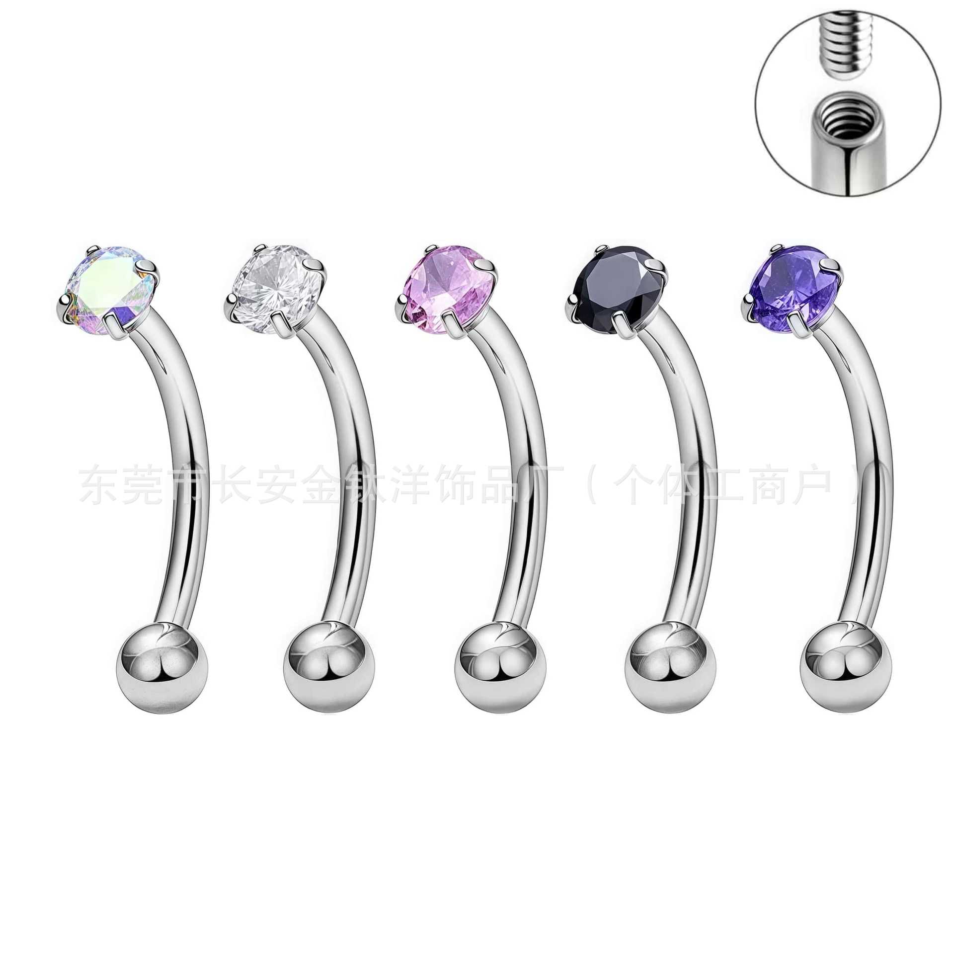 F136 Titanium Internally Threaded Eyebrow Rook Curved Barbell with 5A Zircon detail image 5