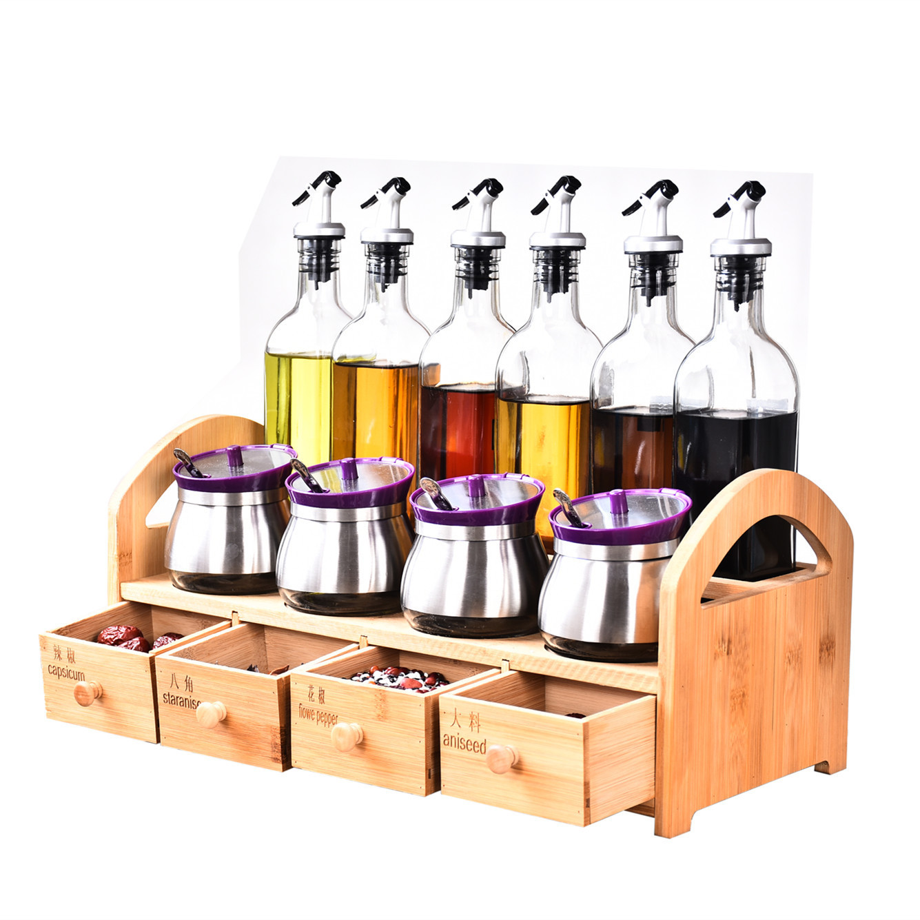 Fabricante de suministro directo de red de cocina bambú y madera rack de condimento combinación conjunto de condimentos de bambú y madera rack de madera