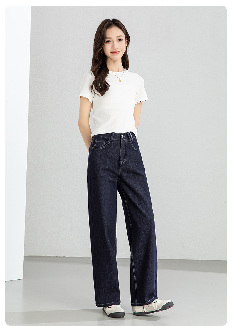 Quần jean nữ ống rộng dáng suông, cạp cao, chất denim chống phai màu, mỏng nhẹ mùa xuân — Xanh da trờicolor chi tiết 17