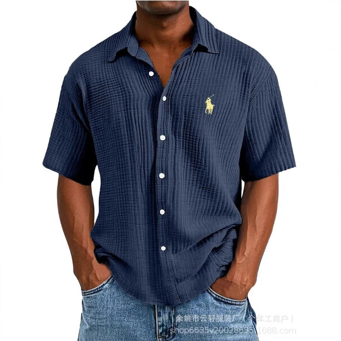 Tiktok Temu2025 New Cross-Border Large Size Shirt Embroidered Men's Loose Cotton Short-Sleeved Lapel Shirt