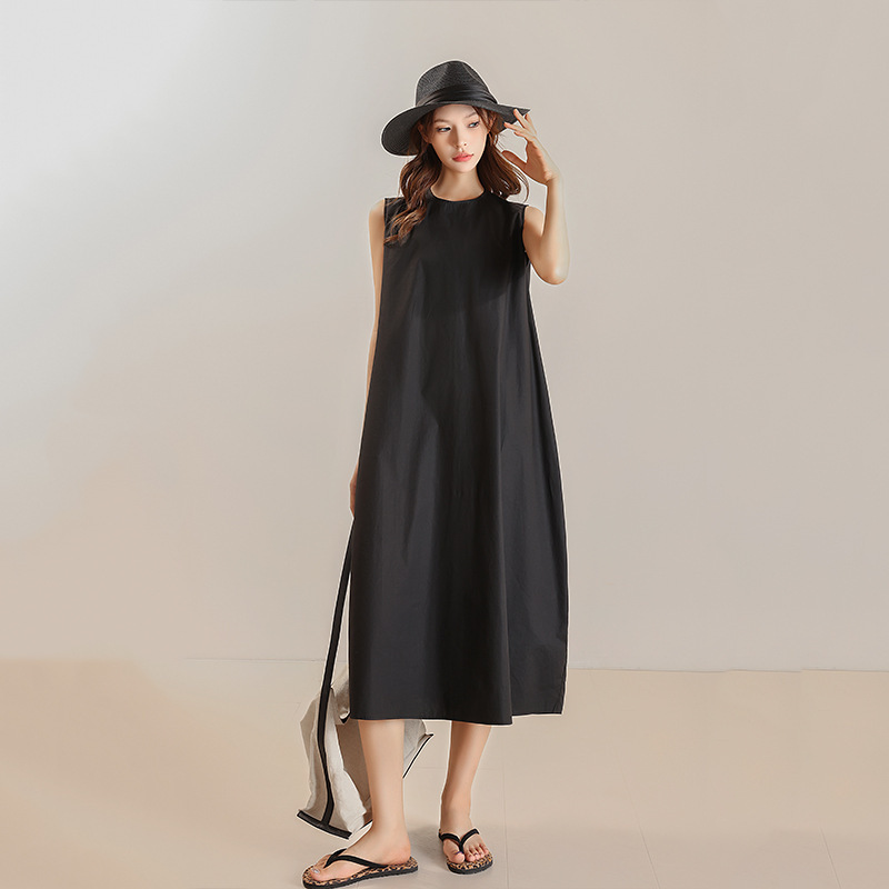Summer Women's Loose dress Cotton Round Neck Sleeveless Simple Fashion Casual Elegant Midi# MD034073-02