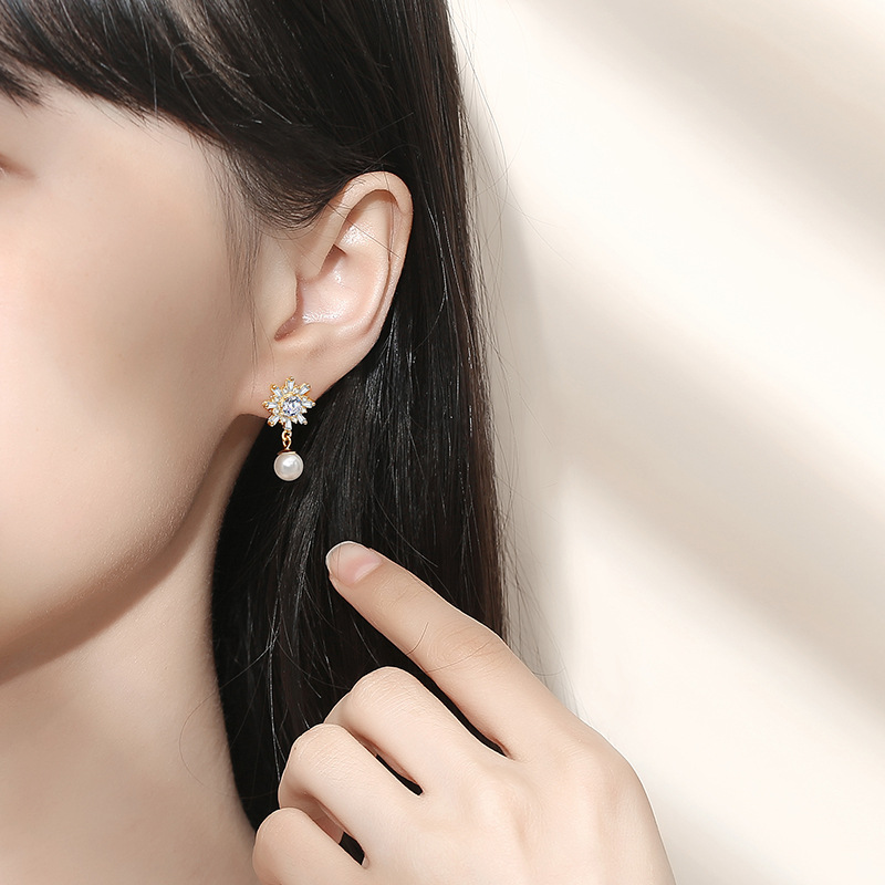 Pendientes de plata esterlina s925 copo de nieve ZIRCON perla pendientes aguja de plata moda francés de alta calidad pendientes de girasol temperamento