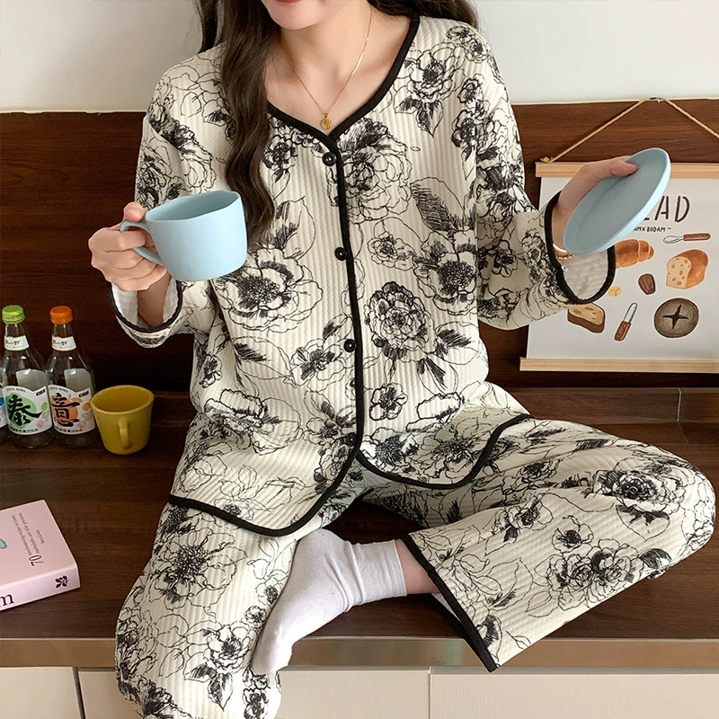Пижама женский осенний и зимний новый студенческий воздух ощущение большого размера сэндвич утолщенные модели с длинными рукавами женский костюм