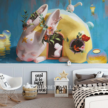卡通牆紙3d立體手繪壁畫客廳電視背景牆卧室壁紙牆布兔子抽象彩色