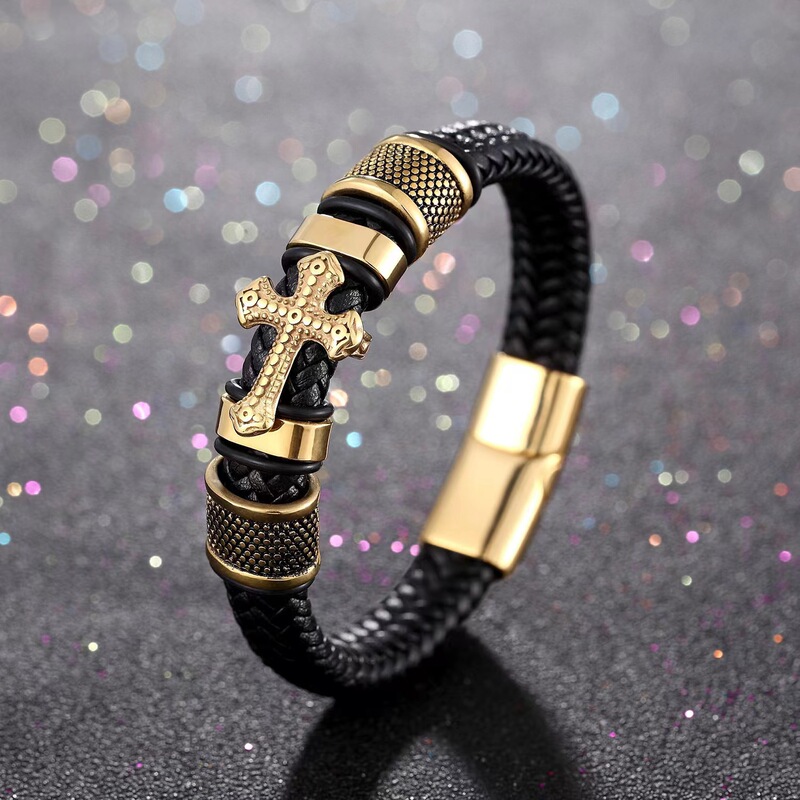 Hip-hop Woven Cross Leather Bracelet Men's Trendy Diamond-encrusted High-end Cross-border Accessories Women's Explosive Simple All-match Jewelry Hip-hop Woven Cross Leather Bracelet Men's Trendy Diamond-encrusted High-end Cross-border Accessories Women's Explosive Simple All-match Jewelry