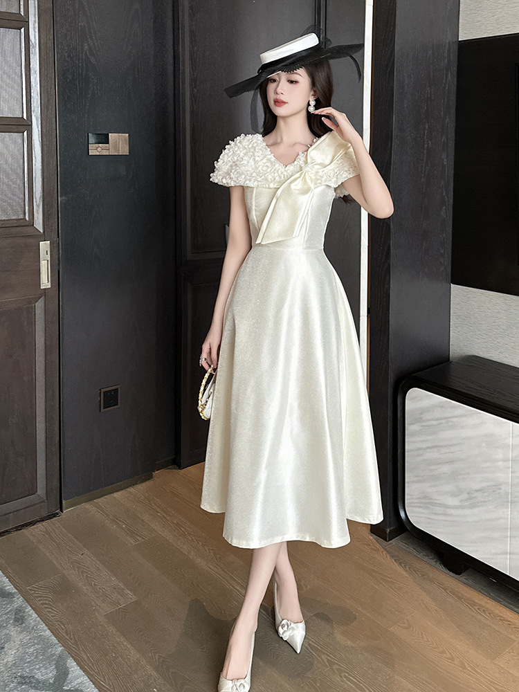 Đầm nữ thiết kế kiểu Pháp thắt nơ eo, váy phồng xòe — Màu mơ