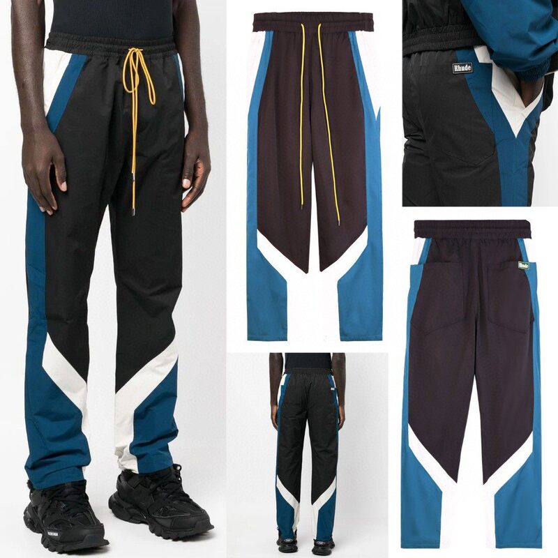 Rhude Men's Color-Blocked Sports Pants European and American High Street Fashion Mesh Casual Pants Black Slim-Fit Tapered Long Pants