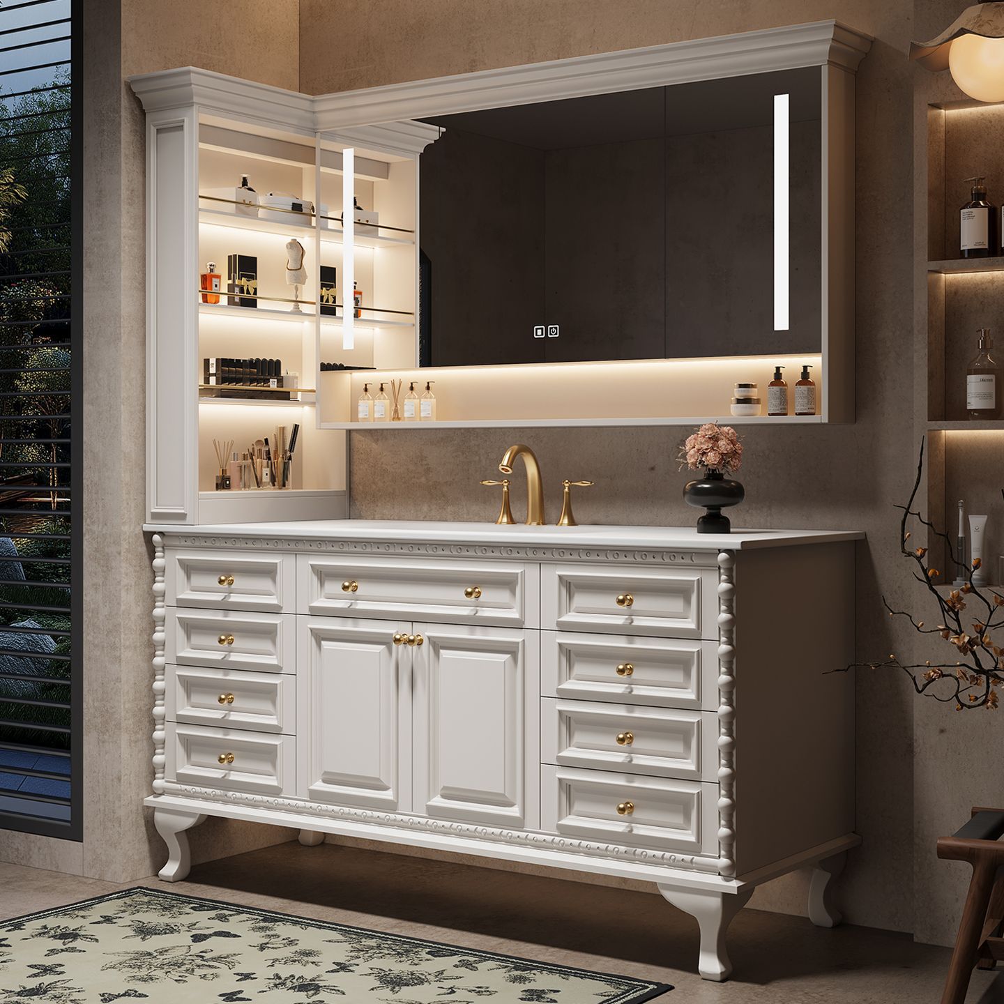 Комбинация шкафов для ванной комнаты в американском стиле середины века, напольная умывальник во французском ретро стиле, раковина для ванной комнаты, тумба под раковину