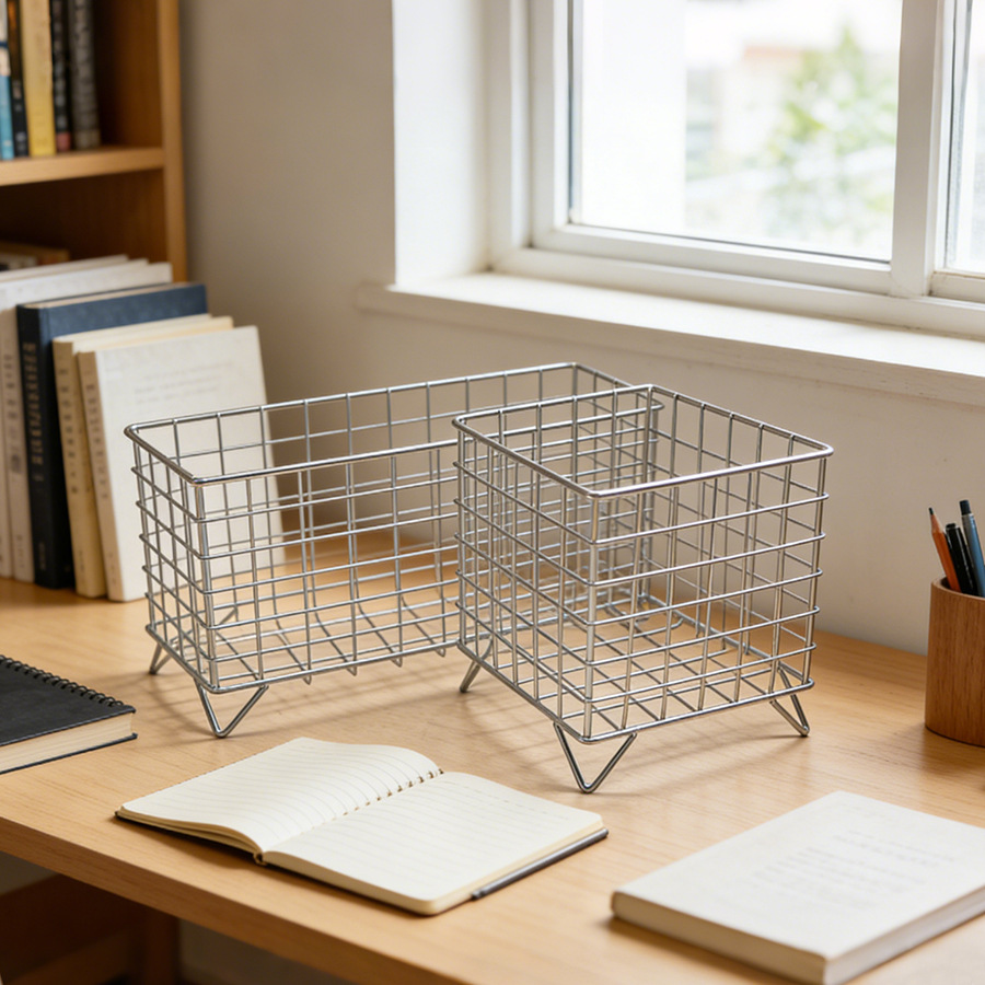 银色金属方形网格收纳篮  办公家居储物盒铁艺镂空化妆用品整理架